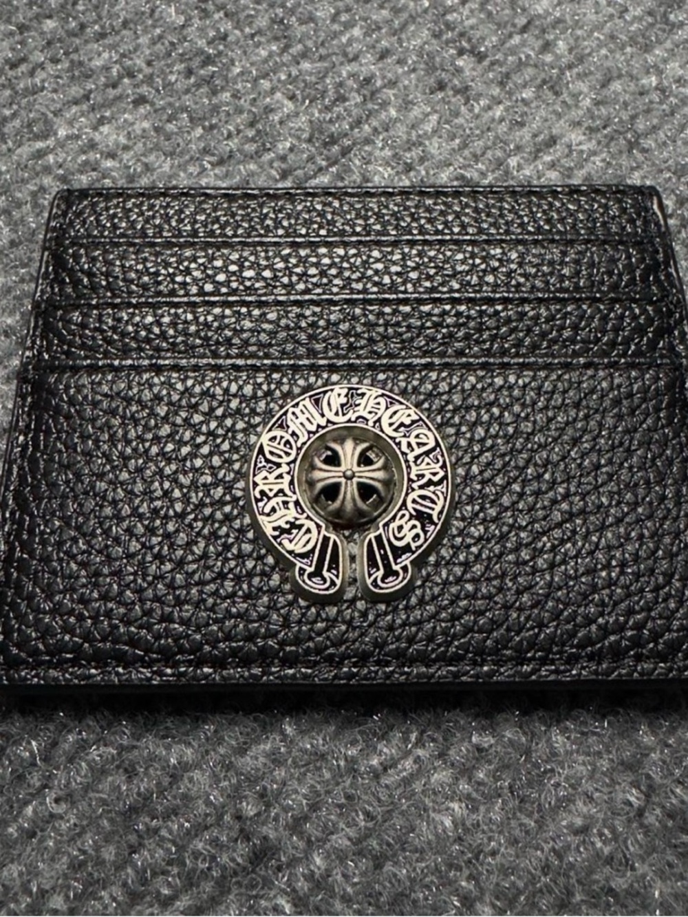 Chrome Hearts Black Pebbled Leather Card Sleeve with Silver Emblem